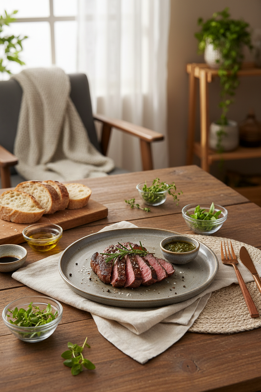 Artisan ceramic steak plate on an elegantly set dining table with linen napkins and natural light