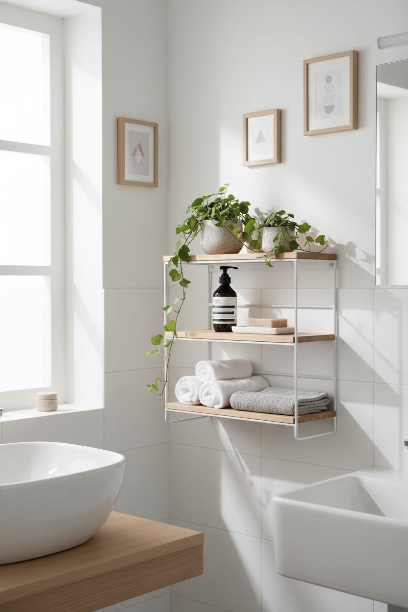 Modern minimalist wall-mounted bathroom organizer styled in a clean white bathroom with plants and towels